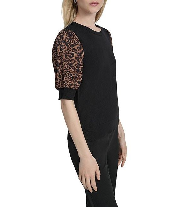 DKNY by Donna Karan Mix Media Cheetah Puff Sleeve Top Product Image