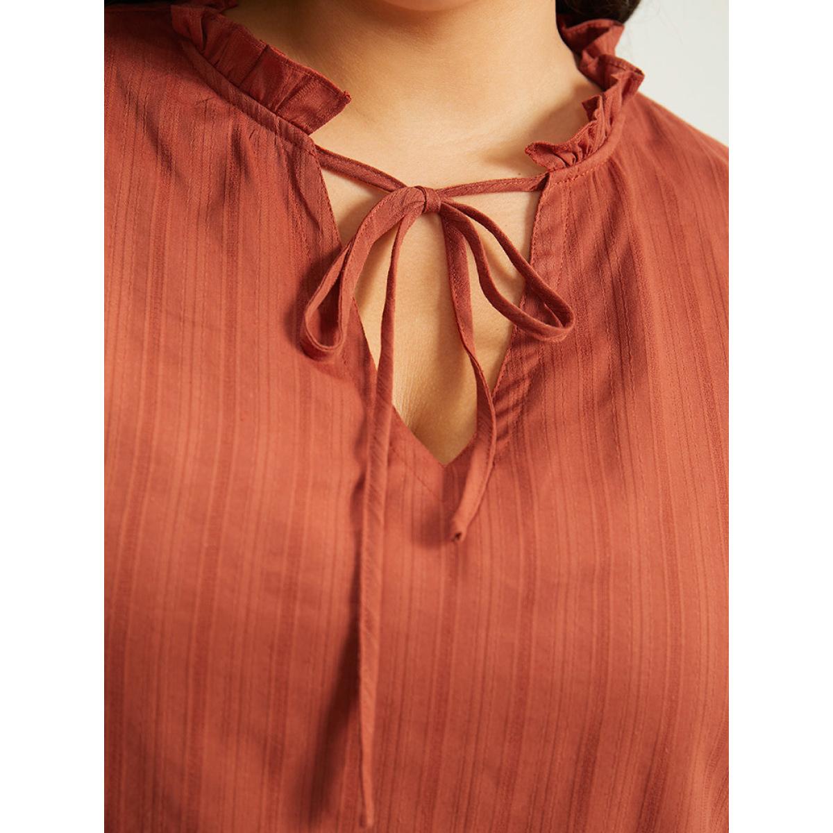 Plus Size OrangeRed Plain Tie Neck Textured Ruffle Trim Blouse Women Elegant Long Sleeve Tie Neck Dailywear Blouses BloomChic 14-16/1X Product Image