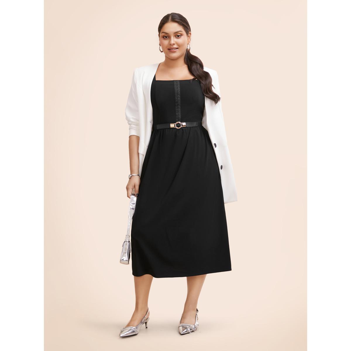 Plus Size Stretch Woven Pleated Flare Vest Midi Dress Black Women At the Office Gathered Square Neck Sleeveless Curvy BloomChic 18-20/2X Product Image