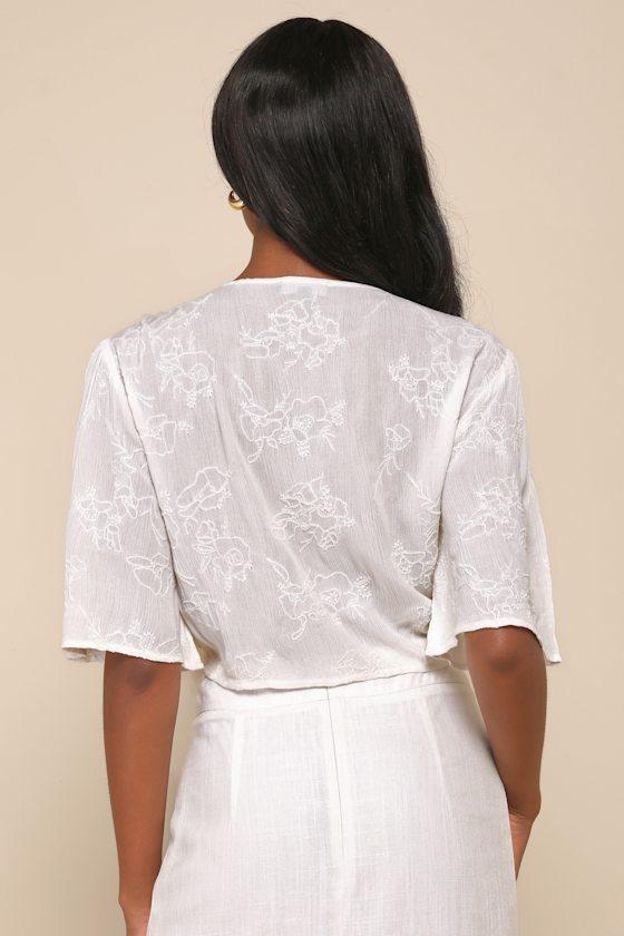 Delightful Darling White Floral Embroidered Tie-Front Crop Top Product Image