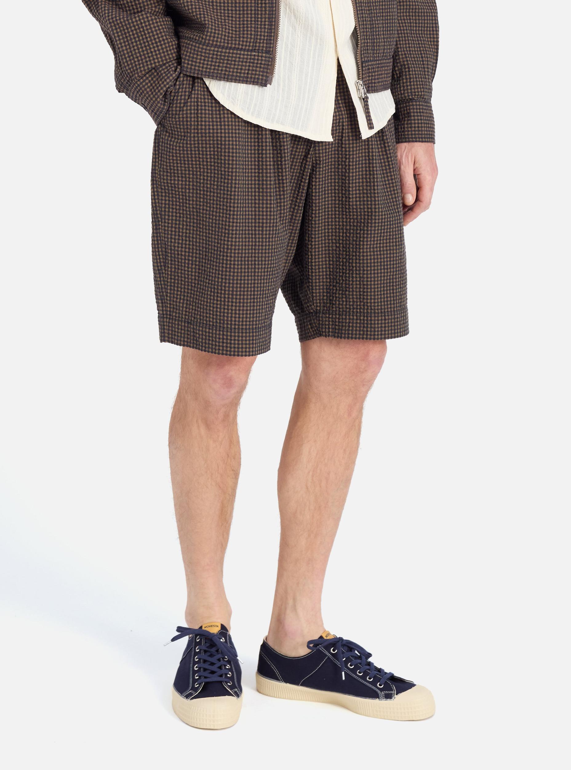 Universal Works Pleated Track Short in Navy Japanese Seersucker Product Image