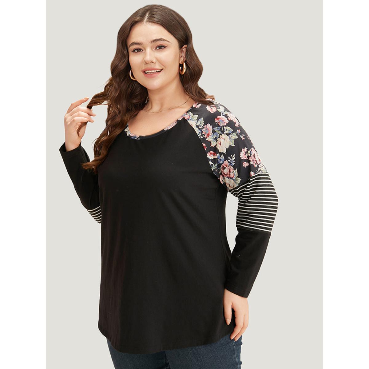 Plus Size Floral Striped Patchwork Crew Neck Raglan Sleeve T-shirt Black Women Casual Contrast Striped Round Neck Dailywear T-shirts BloomChic 26/4X Product Image