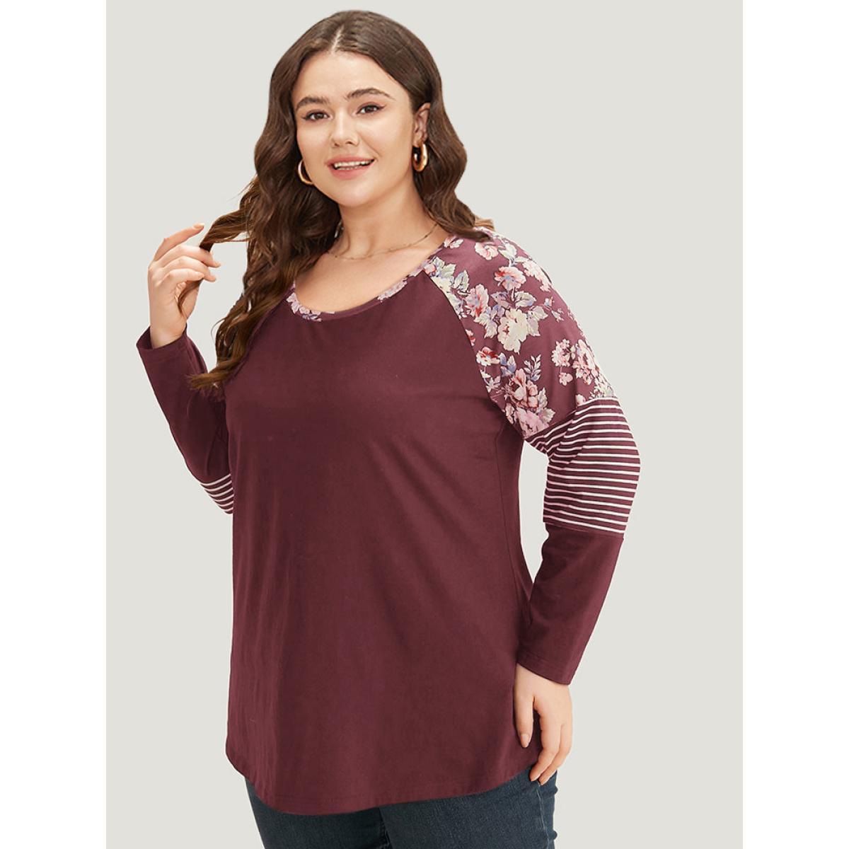 Plus Size Floral Striped Patchwork Crew Neck Raglan Sleeve T-shirt Burgundy Women Casual Contrast Striped Round Neck Dailywear T-shirts BloomChic 10/M Product Image