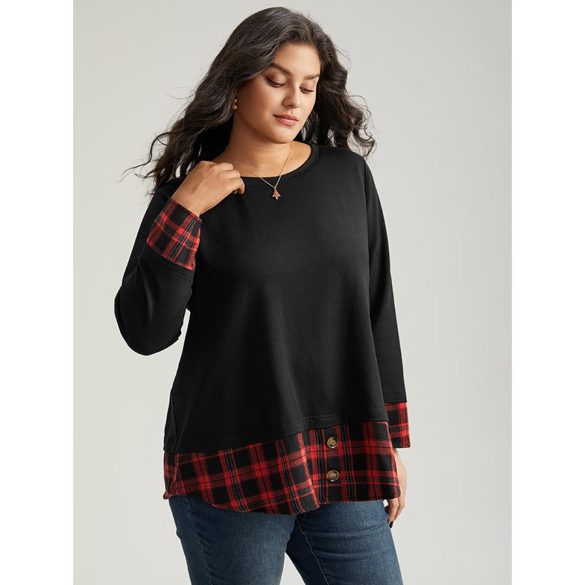 Plus Size PU Leather Patchwork Crew Neck Sweatshirt Women Scarlet Elegant Plain Round Neck Dailywear Sweatshirts BloomChic 30/6X Product Image