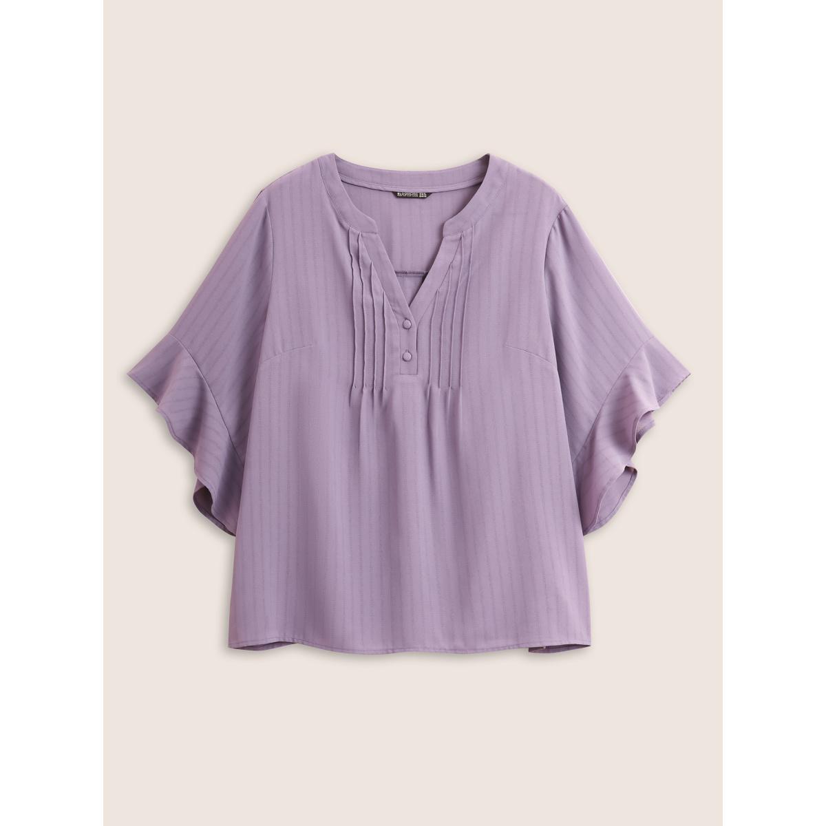 Plus Size Mauve Plain Tucked Seam Button Up Flutter Sleeve Blouse Women Work From Home Half Sleeve Flat collar Work Blouses BloomChic 28/5X Product Image