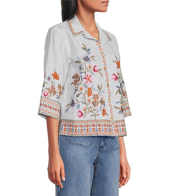John Mark Petite Size Linen Blend Embroidered Floral Point Collar Short Sleeve Button Front Blouse Product Image