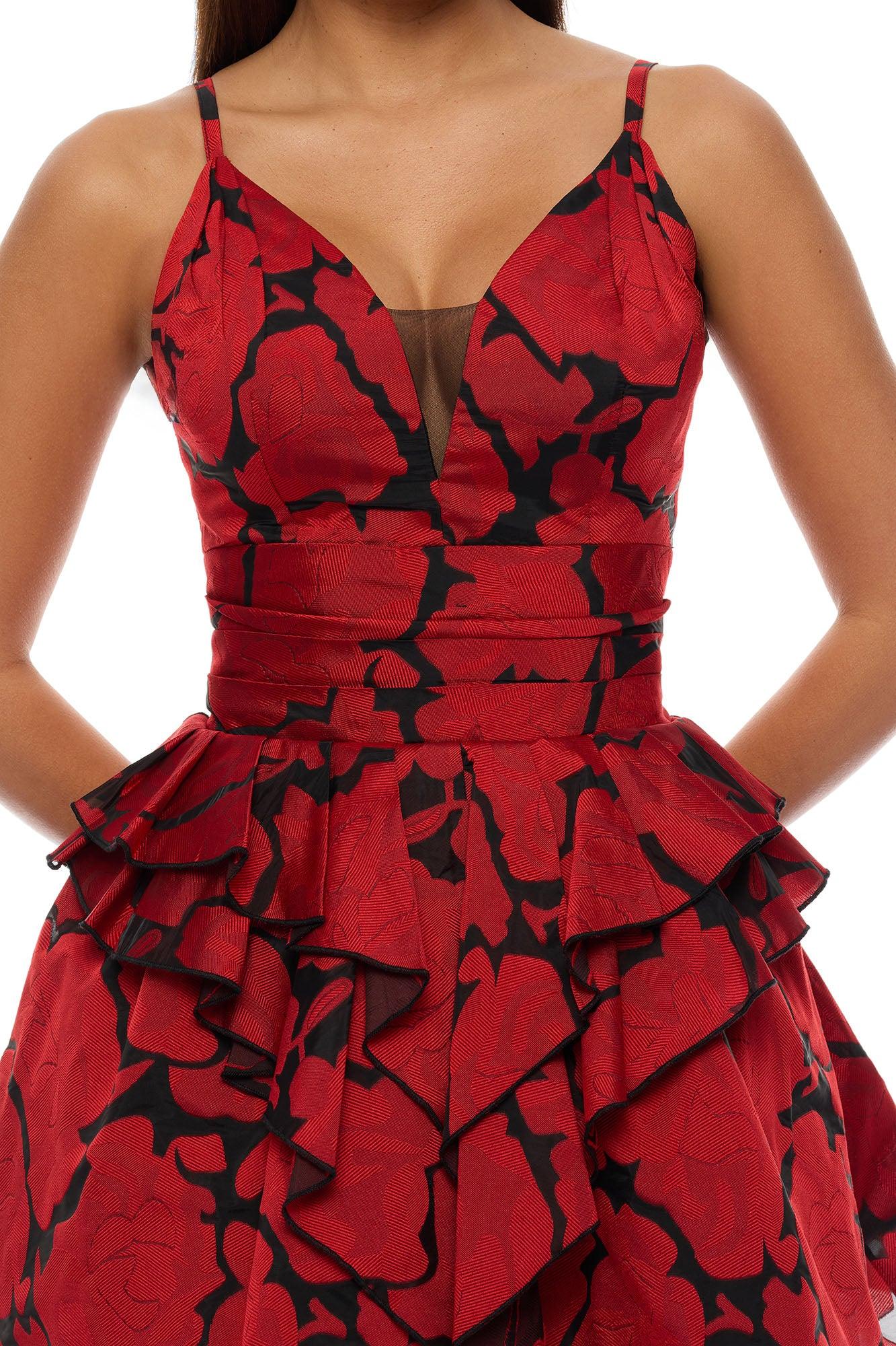 Scarlette Ruffle Jacquard Mini Dress - Black/Red Female Product Image