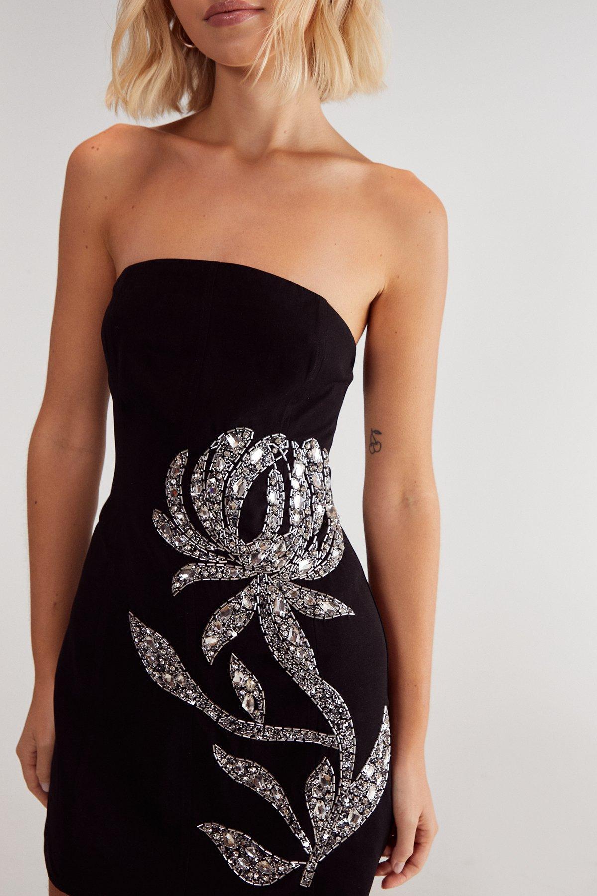 Hand Embellished Floral Bandeau Mini Dress Product Image