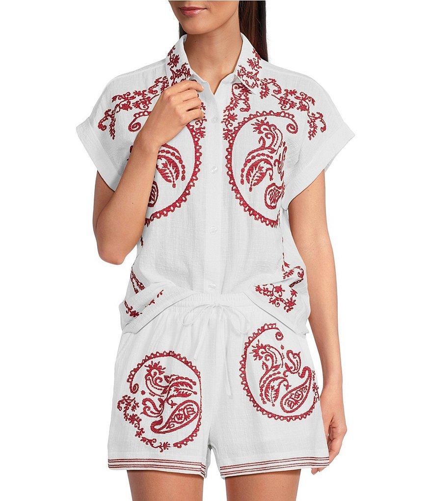 Reba Top Amber Textured Woven Coordinating Point Collar Short Sleeve Paisley Embroidered Top Product Image
