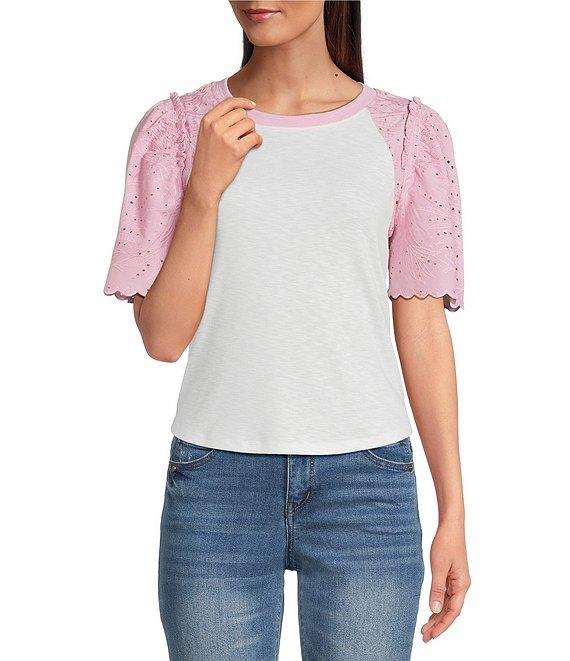 Democracy Mix-Media Scoop Neck Embroidered Elbow Puff Sleeve Top Product Image