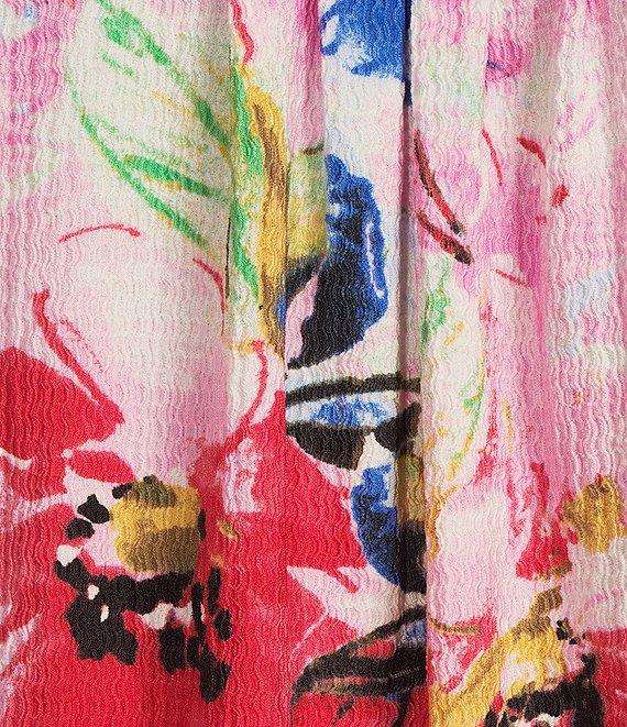 Calessa Plus Size Antique Floral Print Textured Crinkle Point Collar Long Sleeve Button Front Tunic Product Image