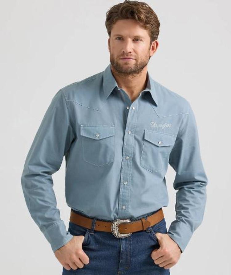 SALE Wrangler® Men's L/S Vintage Inspired Chambray Logo Snap Workshirt Product Image