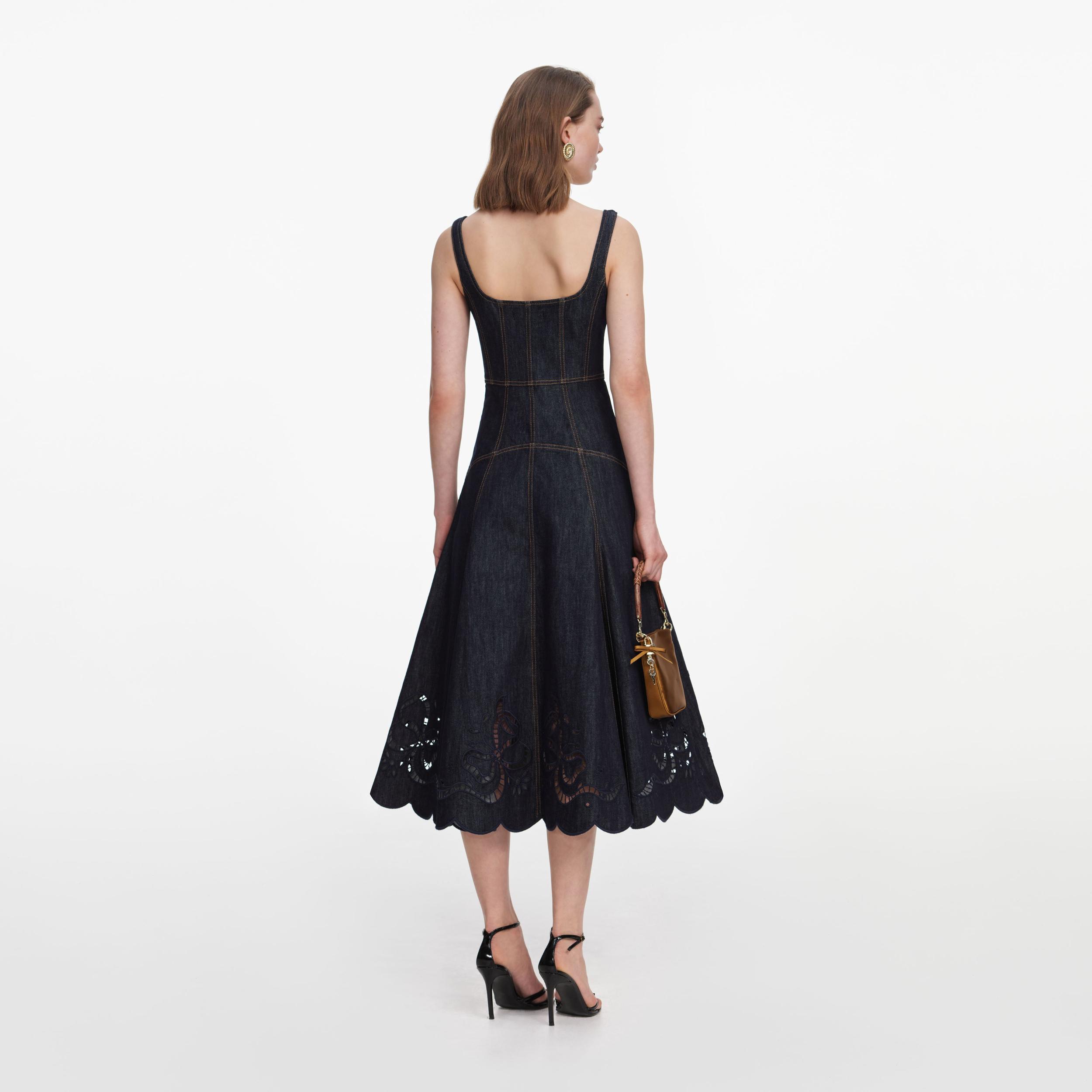 Indigo Denim Bow Embroidered Mini Dress Product Image