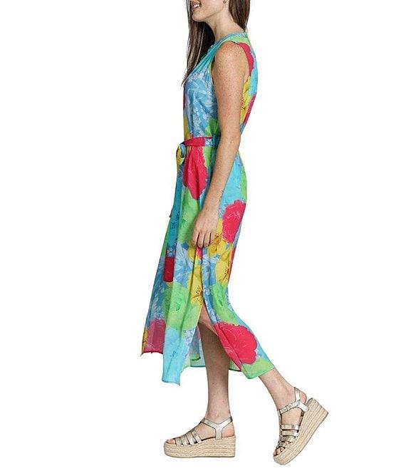 APNY Woven Floral Print Mandarin Collar Sleeveless Belted Shirt Midi Dress Product Image