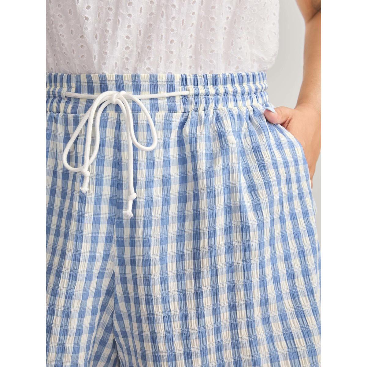 Plus Size Plaid Print Drawstring Wide-Leg Shorts Women LightBlue Casual Drawstring Wide Leg Everyday-Casual Shorts BloomChic 18-20/2X Product Image