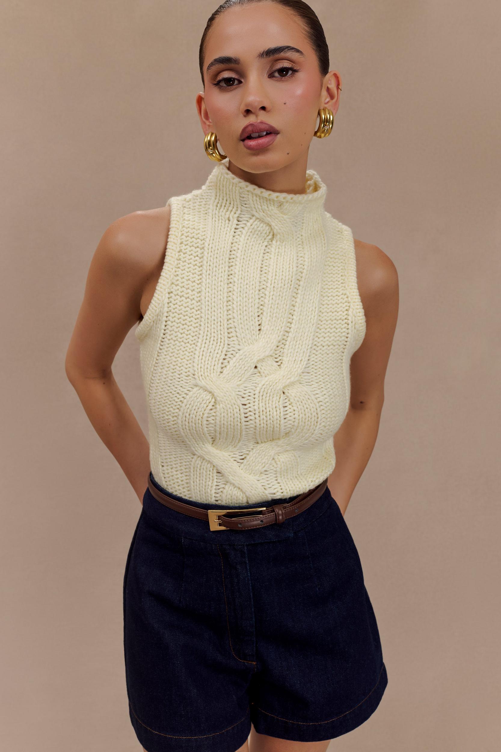 Roberta High Neck Cable Knit Top - Ivory Product Image