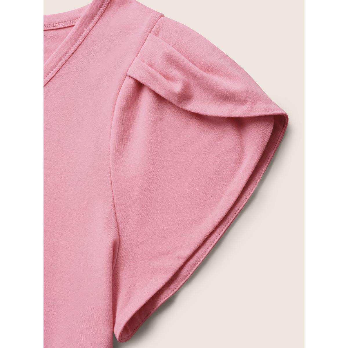 Plus Size Medium stretch Petal Sleeve Button Up T-shirt Watermelon Women Elegant Button V-neck Bodycon Everyday T-shirts BloomChic 10/M Product Image