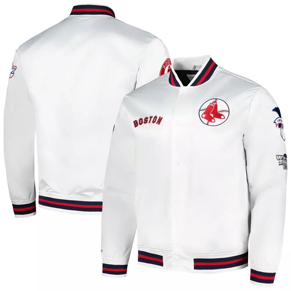 Men's Mitchell & Ness White Boston Red Sox City Collection Satin Full-Snap Varsity Jacket,  Product Image