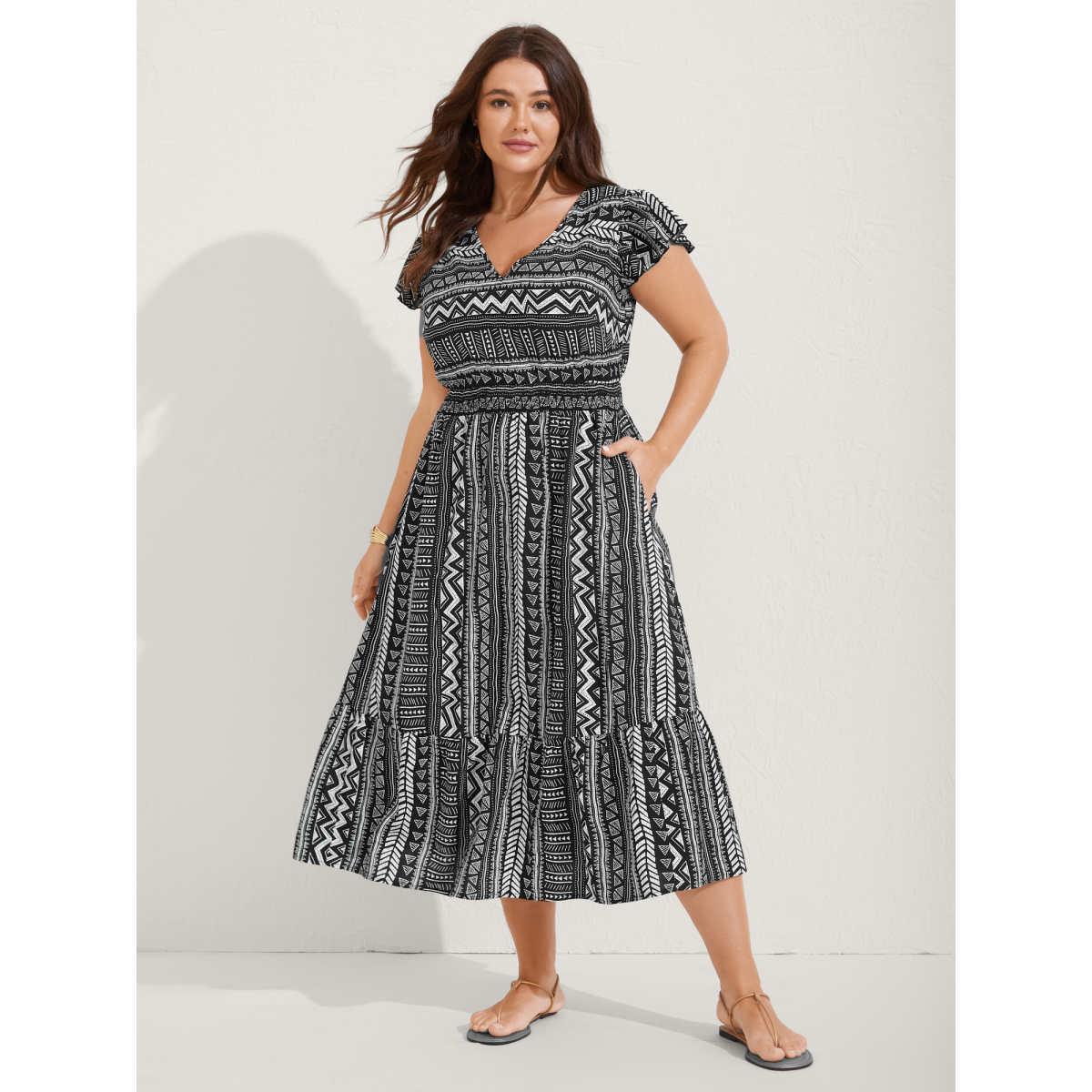 Plus Size Boho Stripes Shirred Waist Midi Dress Black Women V-neck Cap Sleeve Curvy BloomChic 10/M Product Image