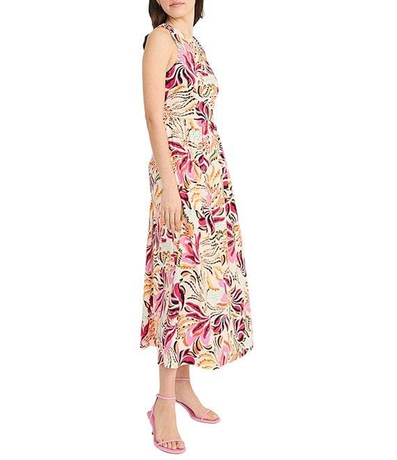Donna Morgan Crew Neck Floral Print Cotton Poplin Midi Dress Product Image