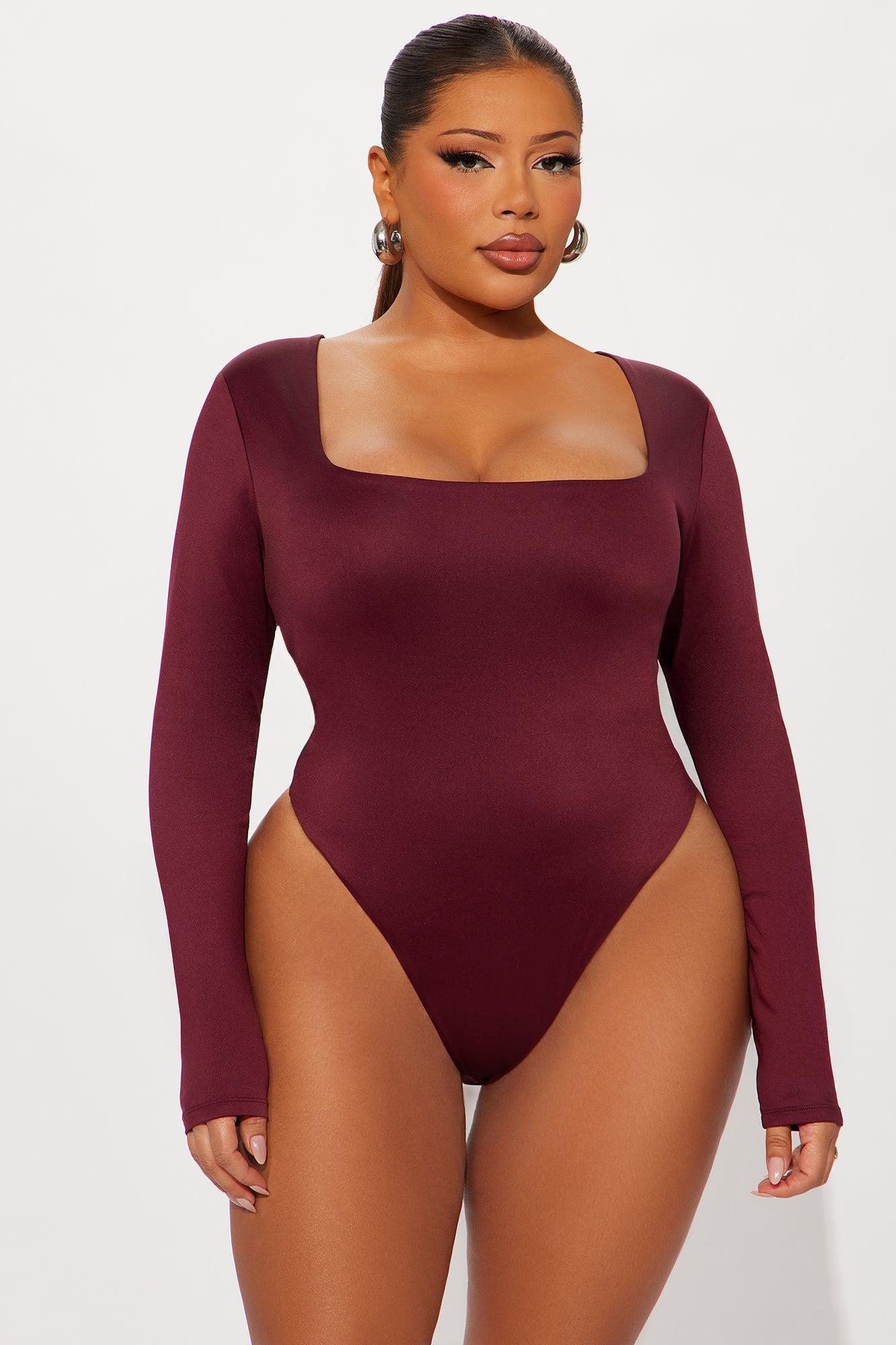 Contour Double Lined Long Sleeve Square Neck Bodysuit - Wine Female Product Image