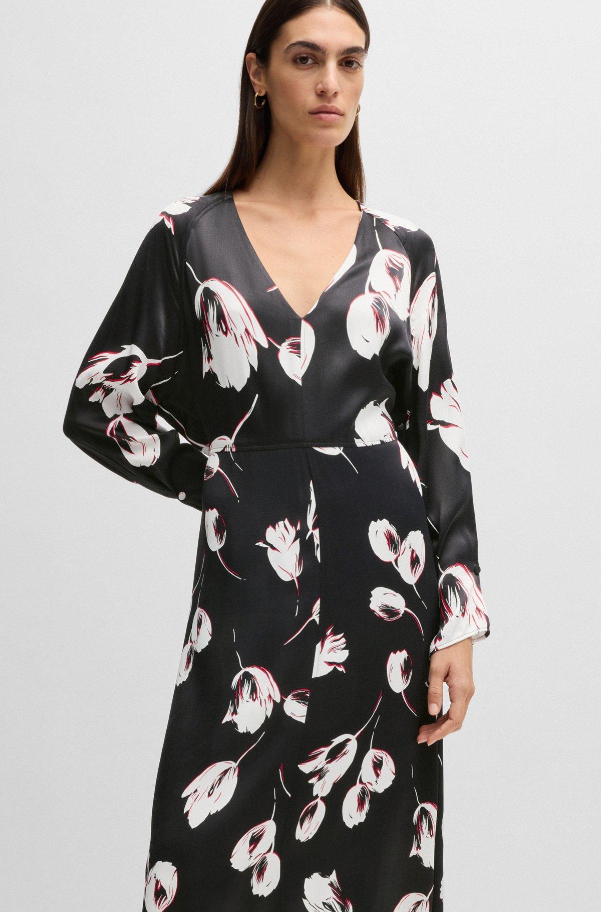 Satin V-neck dress with tulip print Product Image