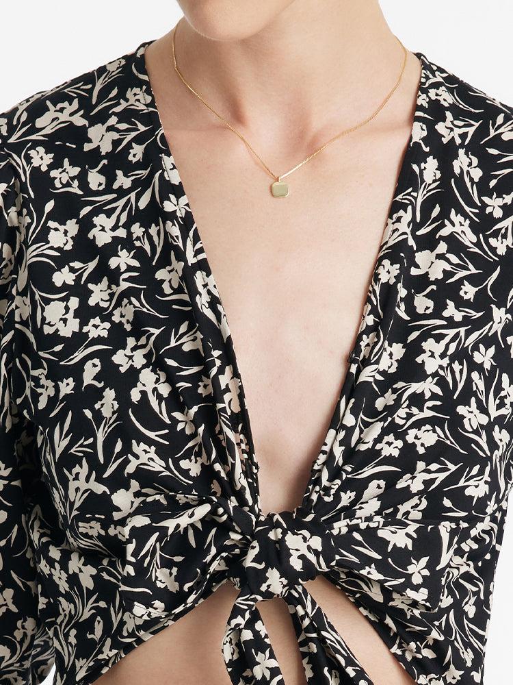 Iris Print V-Neck Tied Women Midi Dress Product Image