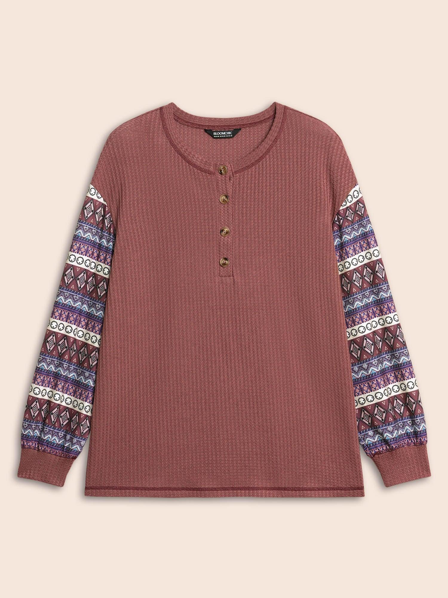 Boho Print Patchwork Waffle Knit T-shirt Female Product Image