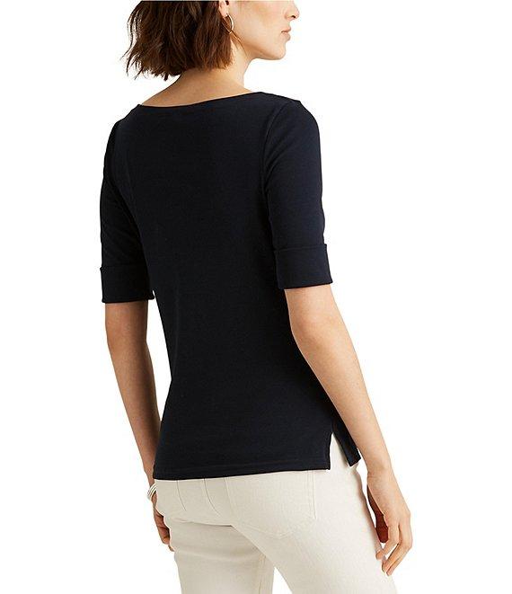 Lauren Ralph Lauren Stretch Cotton Blend Boat Neck Short Rolled Sleeve Shirt Product Image