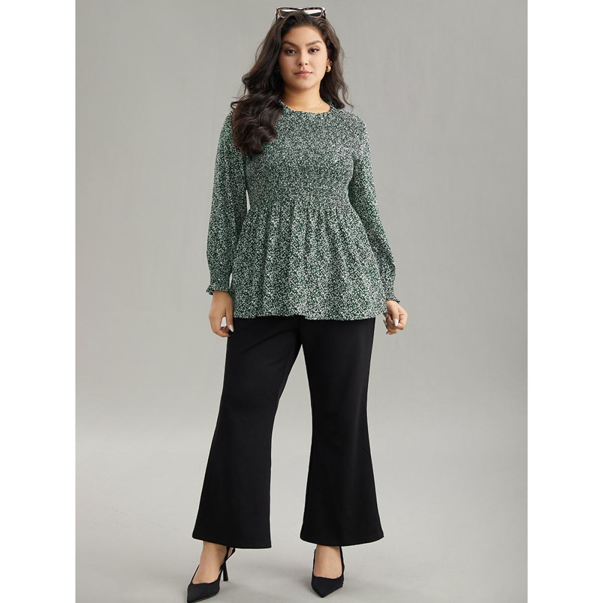 Plus Size DarkGreen Ditsy Floral Stand Collar Shirred Frill Trim Blouse Women Elegant Long Sleeve Stand-up collar Dailywear Blouses BloomChic 18-20/2X Product Image