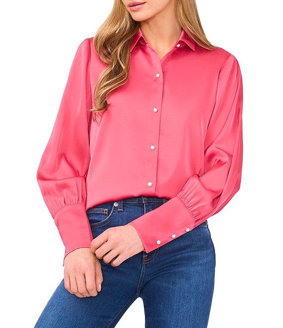 CeCe Satin Point Collar Long Sleeve Tall Cuff Pearl Button Front Blouse Product Image