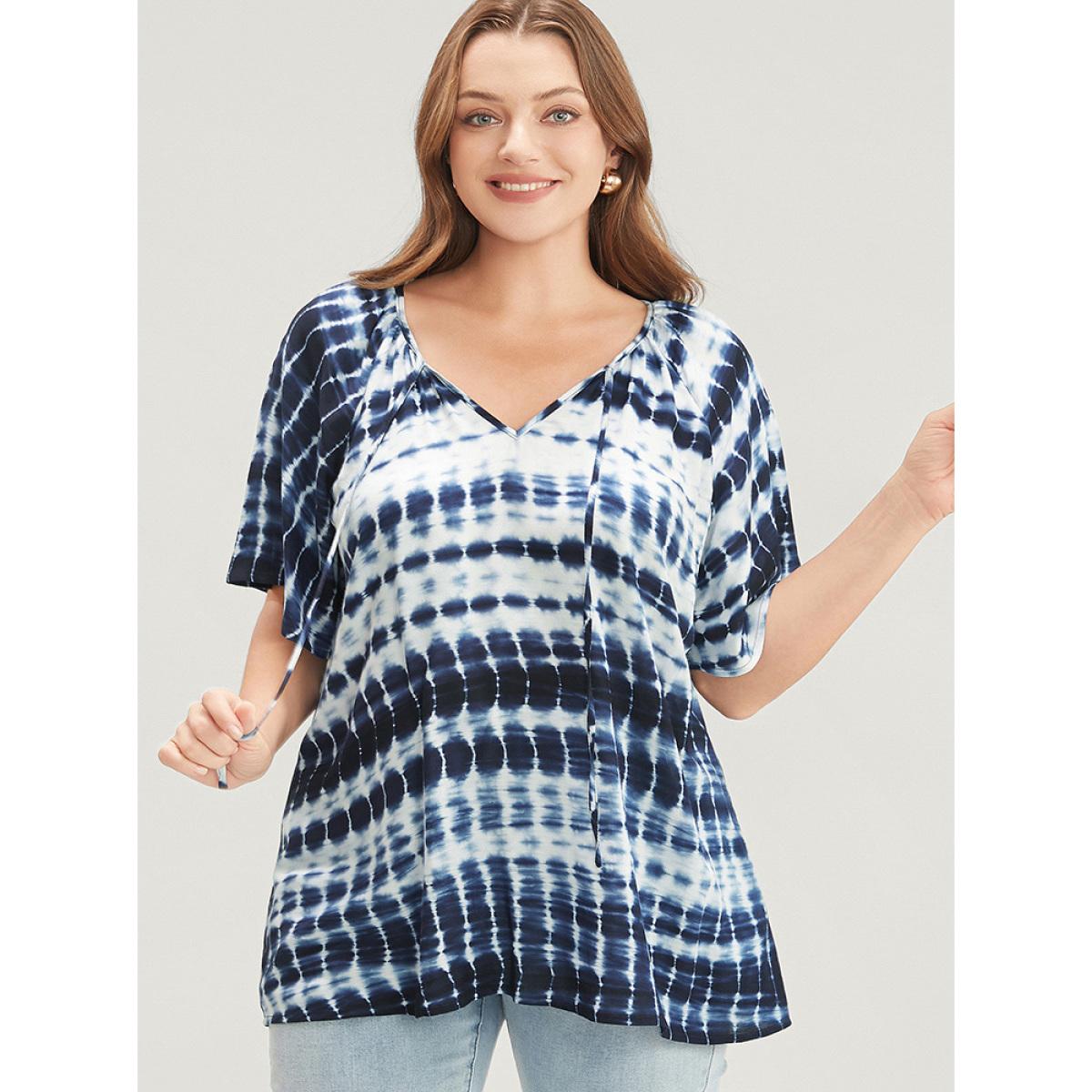 Plus Size Stone Tie Dye Raglan Sleeve Tie V Neck Blouse Women Vacation Short sleeve V-neck Dailywear Blouses BloomChic 30/6X Product Image