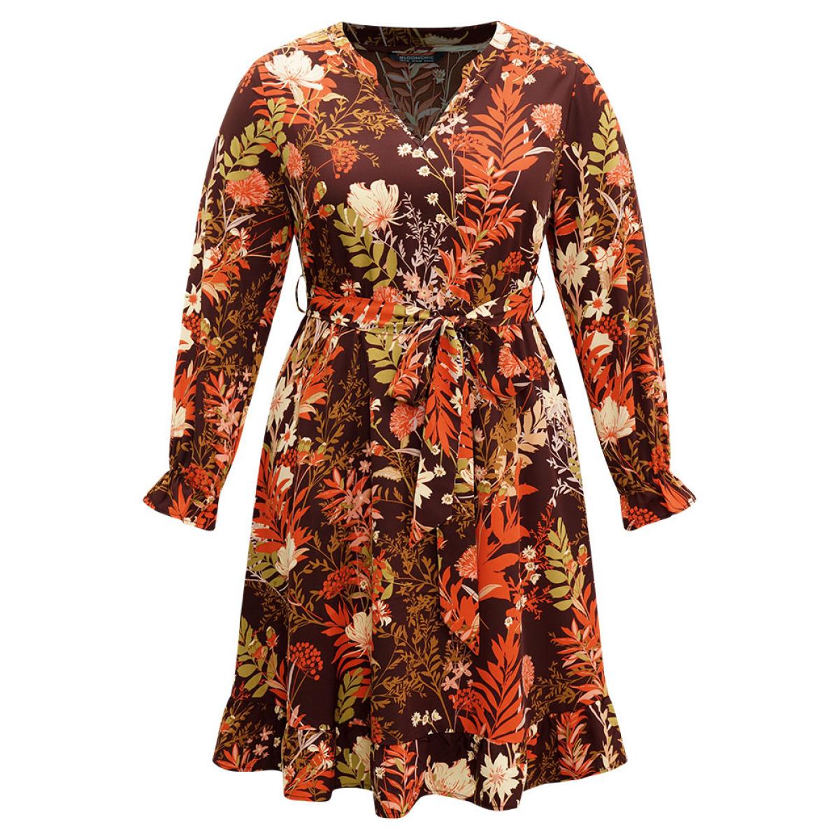 Plus Size Floral Belted Notched Lantern Sleeve Ruffles Dress Burgundy Women Casual Belted Notched collar Long Sleeve Curvy Midi Dress BloomChic 30/6X Product Image