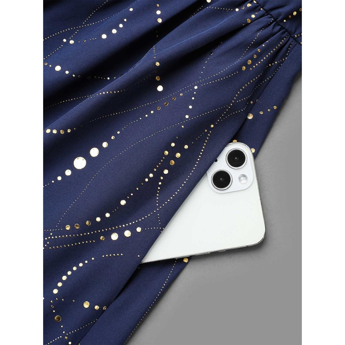 Plus Size Glitter Notched Collar Belted Midi Dress Indigo Women Elegant Texture Notched collar Elbow-length sleeve Curvy BloomChic 18-20/2X Product Image