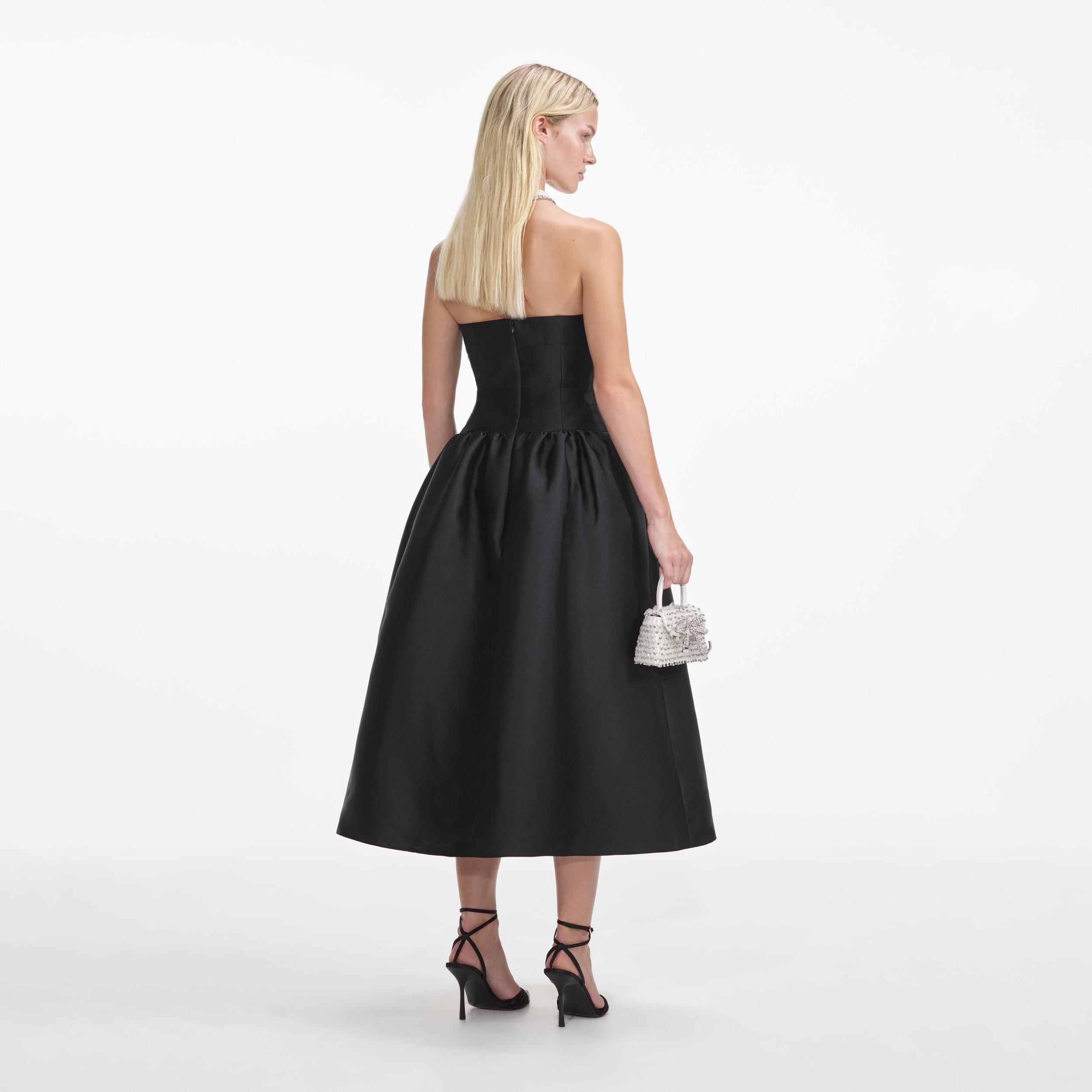 Black Taffeta Contrast Bow Midi Dress Product Image
