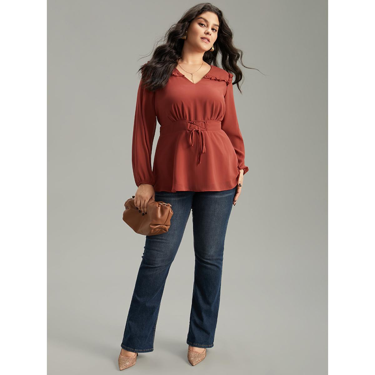 Plus Size Rust Chiffon Lace Up Shirred Frill Trim Blouse Women Office Long Sleeve V-neck Office Blouses BloomChic 18-20/2X Product Image