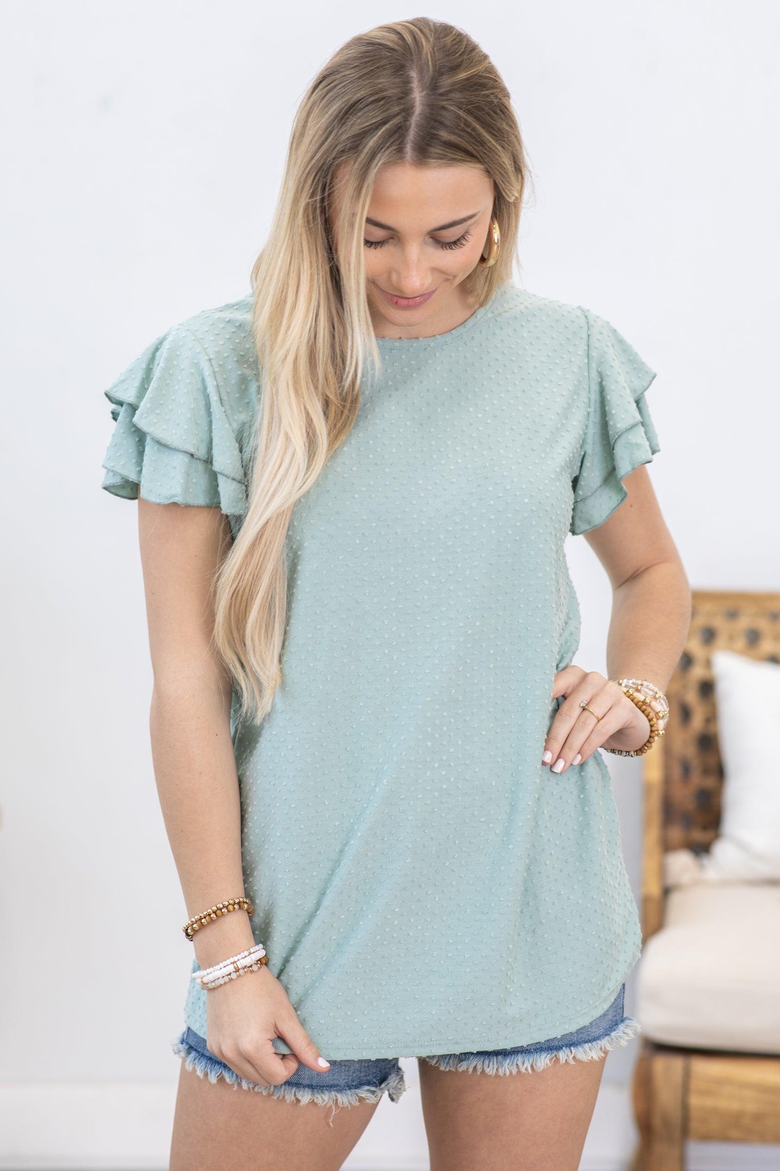 Sage Swiss Dot Ruffle Sleeve Woven Top Product Image