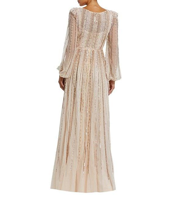 Mac Duggal Embellished Mesh Striped Beaded Boat Neck Long Sleeve Gown Product Image