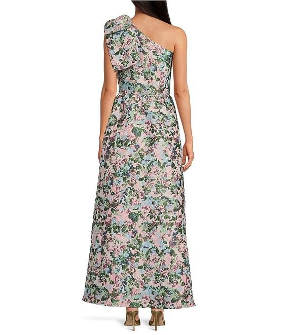 Abbey Glass Caroline Asymmetrical Neck Sleeveless Bow One Shoulder Bow Floral Jacquard Pocketed A-Line Dress Product Image
