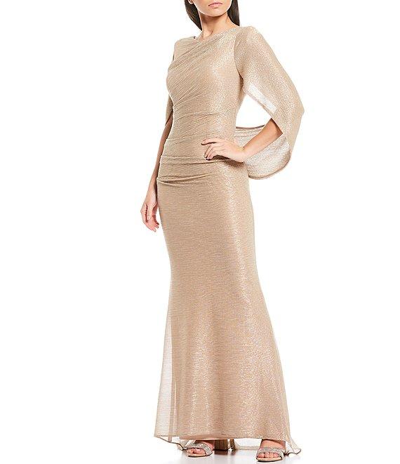 Betsy & Adam Petite Size Draped Back 3/4 Cape Sleeve Round Neck Metallic Crinkled Ruched Sheath Gown Product Image