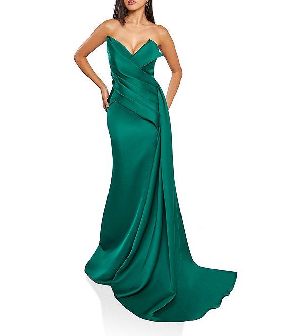 Terani Couture Satin Strapless Sleeveless Drape Side Mermaid Gown Product Image