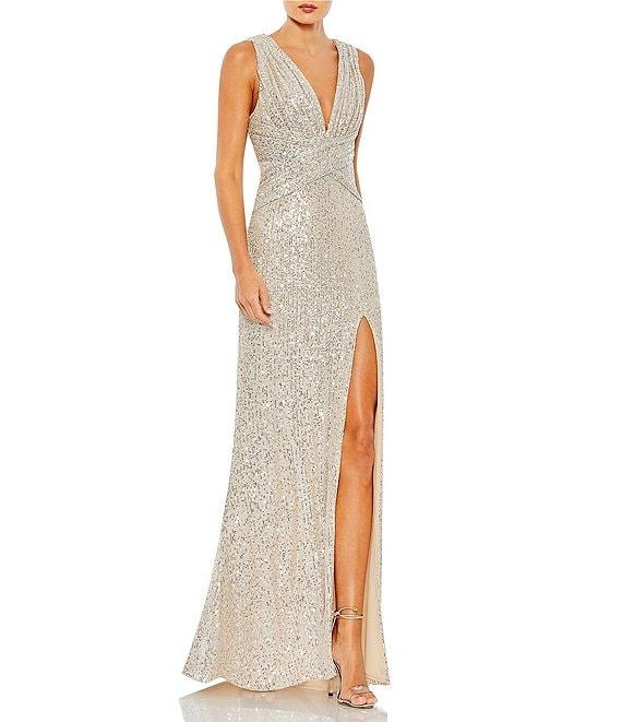 Mac Duggal V-Neck Sleeveless Ruched Waist Front Slit Sequin Gown Product Image