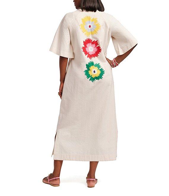 FRANCES VALENTINE Charming Fireflower Print Split U-Neck Short Sleeve Caftan Maxi Dress Product Image