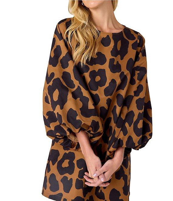 CROSBY by Mollie Burch Cecily Boat Neck Long Puff Sleeve Leopard Mini Shift Dress Product Image