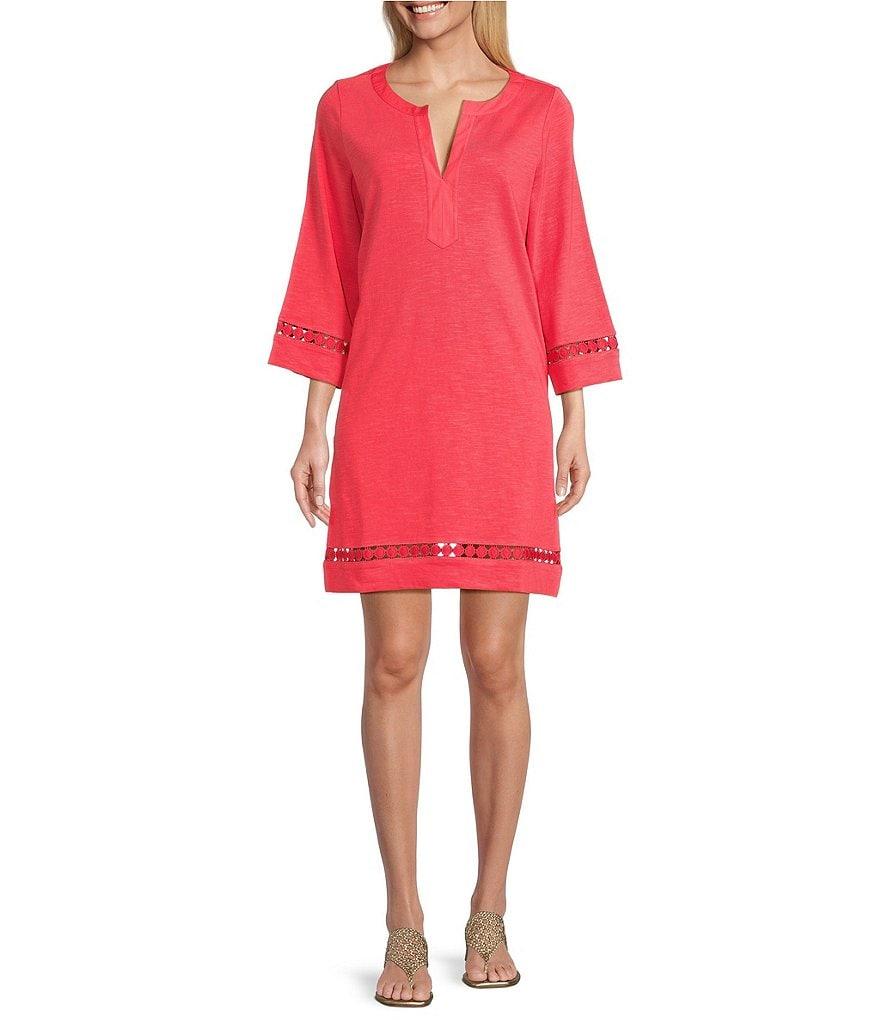 Tommy Bahama Sunset Harbor Solid Cotton Slub Jersey Split V-Neck Bell Sleeves Embroidered Trim A-Line Dress Product Image