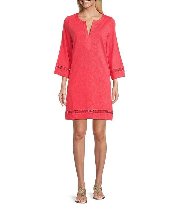 Tommy Bahama Sunset Harbor Solid Cotton Slub Jersey Split V-Neck Bell Sleeves Embroidered Trim A-Line Dress Product Image