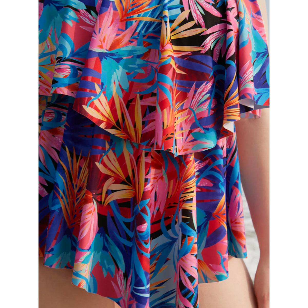 Plus Size Tropical Print Ruffle Tiered Tankini Top Women's Swimwear Multicolor Vacation Adjustable Straps High stretch Bodycon Round Neck Curve Swim Tops BloomChic 22-24/3X Product Image