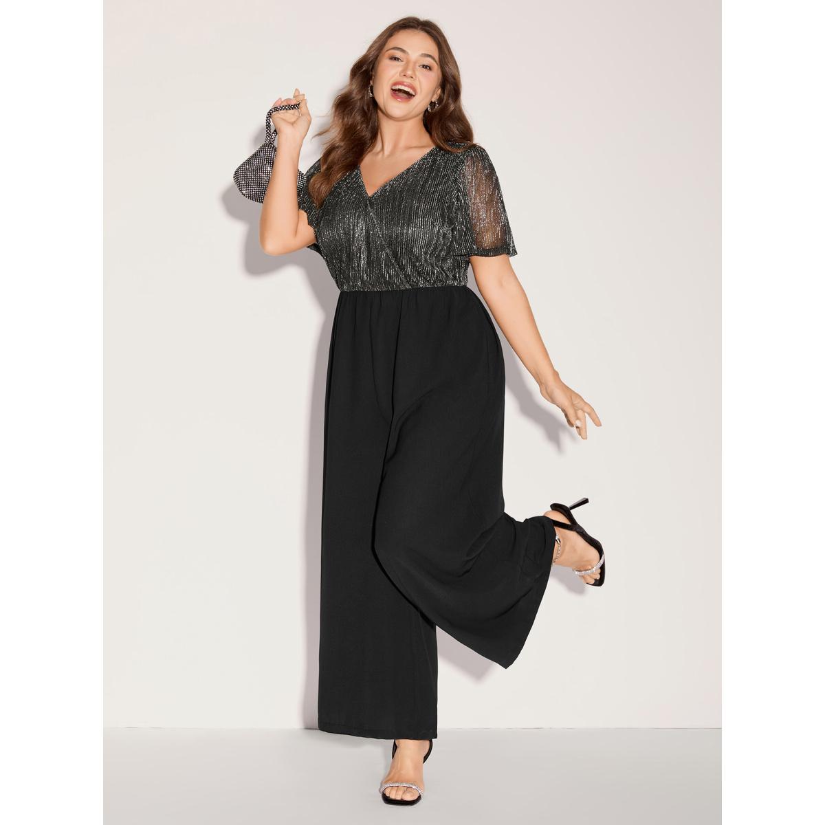 Plus Size Black Shimmery Bow Back Tie Contrast Jumpsuit Women Short sleeve Overlap Collar Party Loose Jumpsuits BloomChic 22-24/3X Product Image