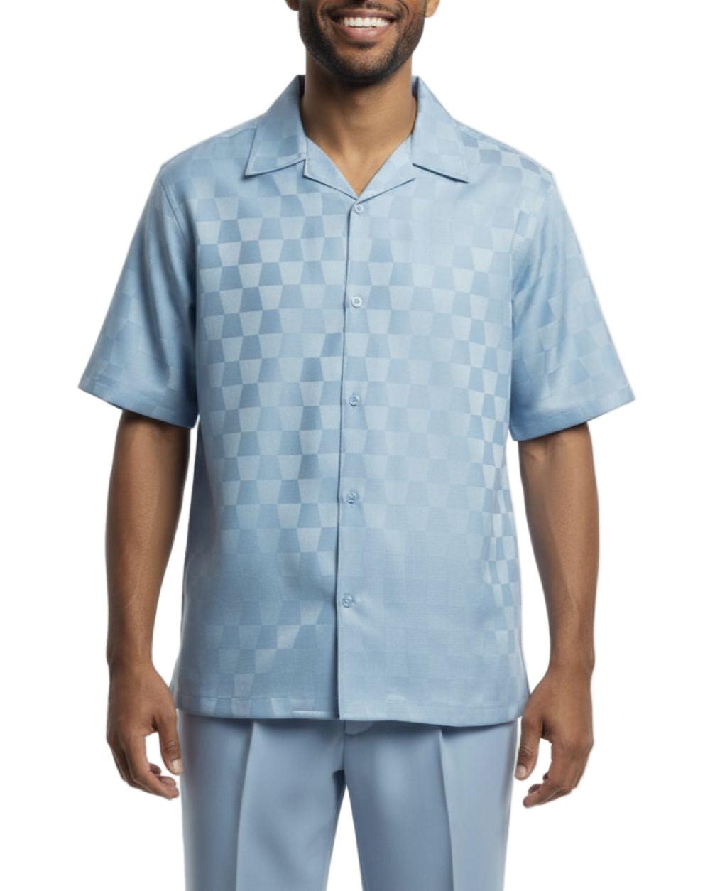(2XL, 6XL) Carolina Blue Tone on Tone Check Walking Suit 2 Piece Short Sleeve Set Product Image