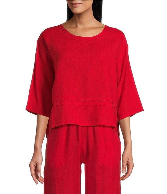 Bryn Walker Light Linen Round Neck 3/4 Sleeve Pintuck Detail Shirt Product Image